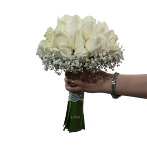 دسته گل طبیعی عروس با گل های رز و ژیپسوفیلا