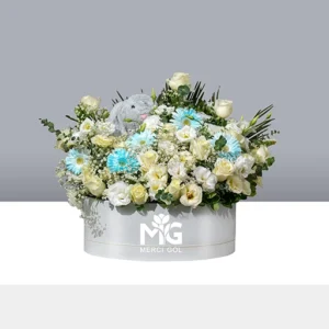باکس گل دایره ای همراه با عروسک خرگوش برای جشن تولد نوزاد BB221