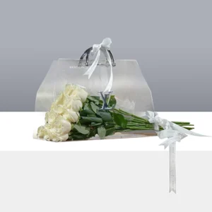 فلاور بگ کلاسیک مزین شده با 20 شاخه رز هلندی درجه یک سفید BB251